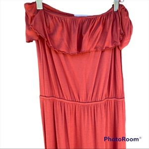 Fighting Eel Pumpkin Colored Strapless Dress with Ruffle and Hi-Lo Hem Detail
